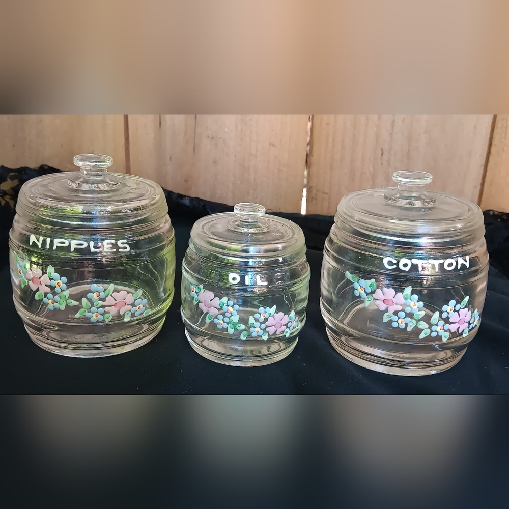 Vintage Kruger Glass Nursery 3 jars with lids hand painted flowers